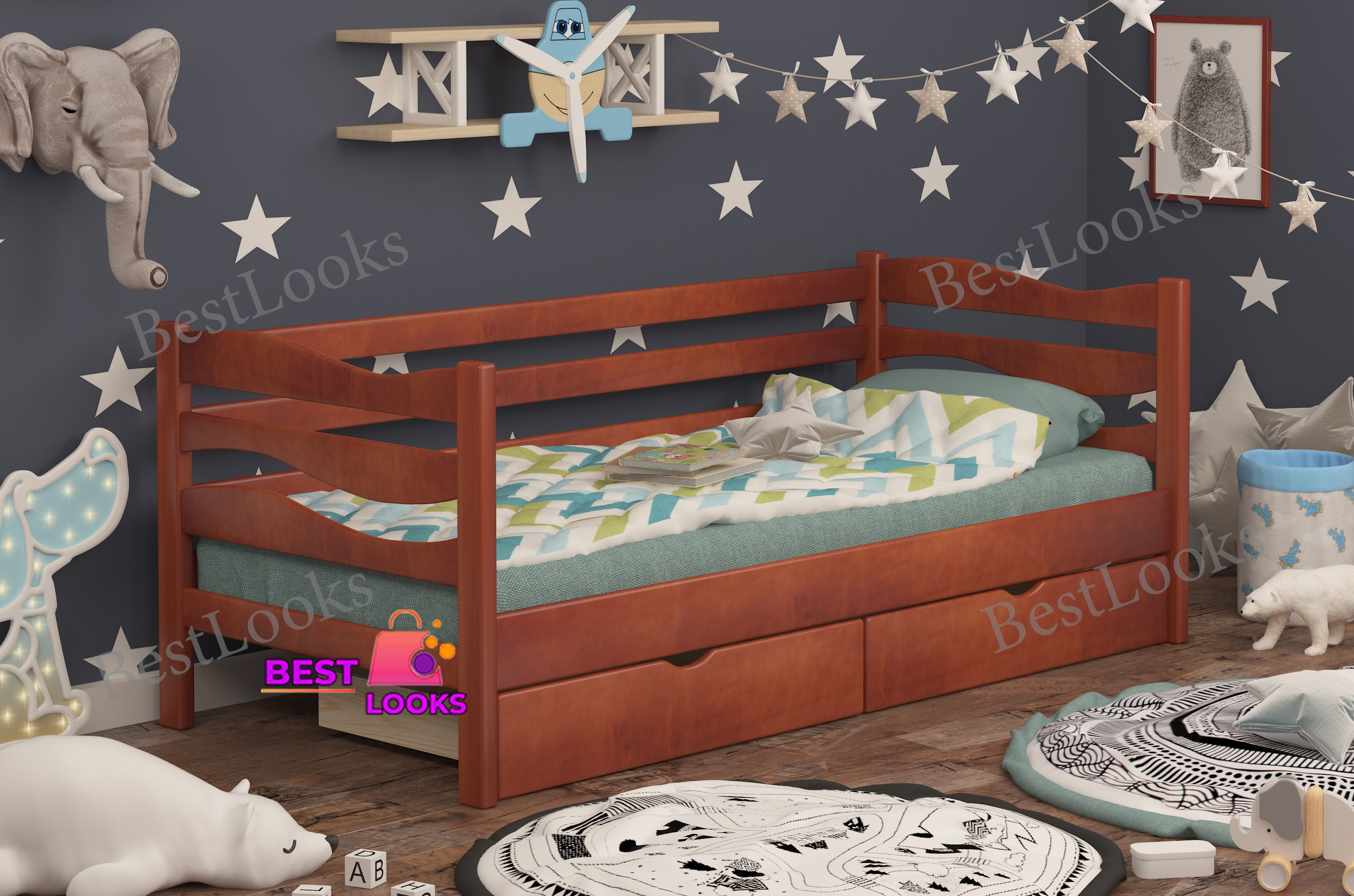 

Детская Кровать односпальная с Ящиками 90х190 Wellmebely Волна сосна Яблоня Л6