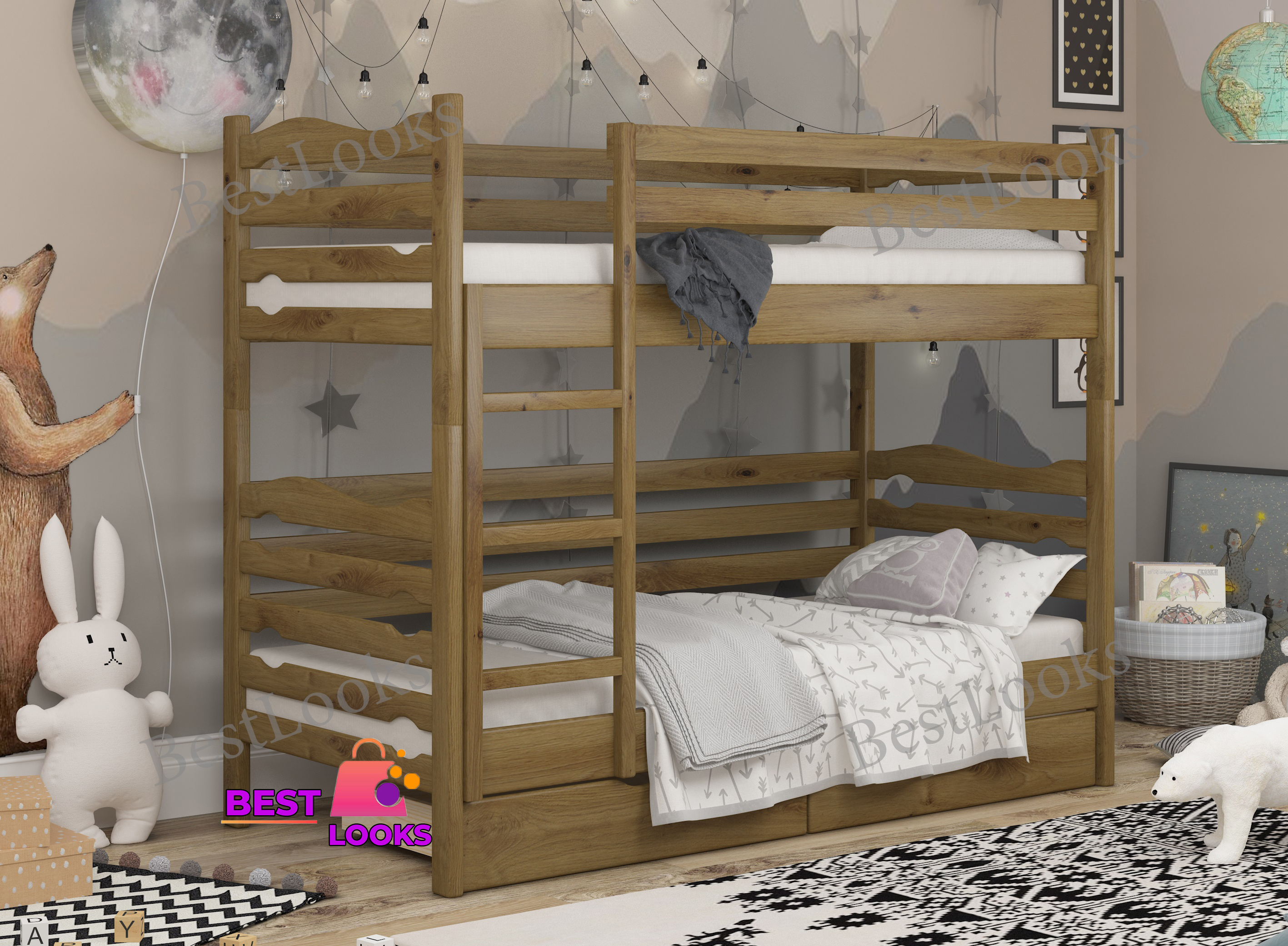 

Кровать Двухъярусная с Ящиками 90х200 Wellmebely Эрика Трансформер сосна Орех Светлый Л6