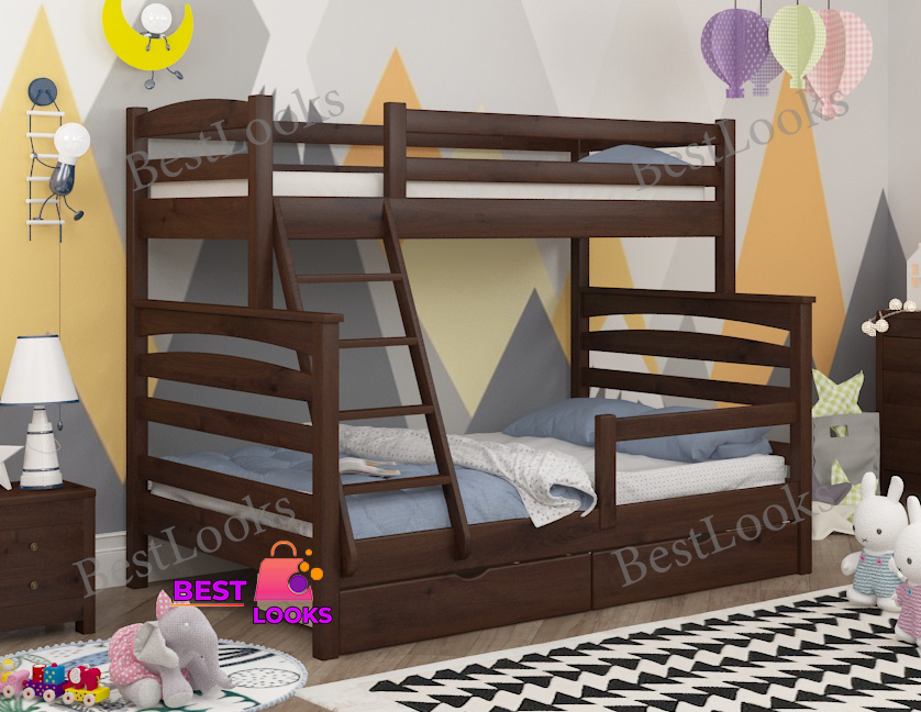 

Кровать Двухъярусная с Ящиками 90х140х200 и бортиком защитным внизу Wellmebely Кай Трансформер сосна Орех Темный Л6