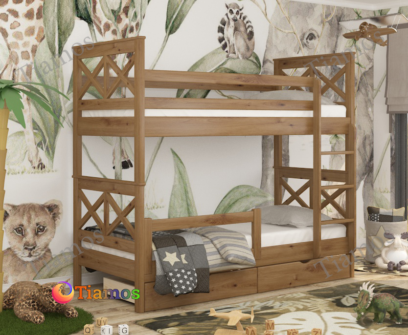 

Кровать Двухъярусная с Ящиками 80х200 и бортиком защитным внизу Маугли Wellmebely Трансформер сосна Орех Светлый Л6