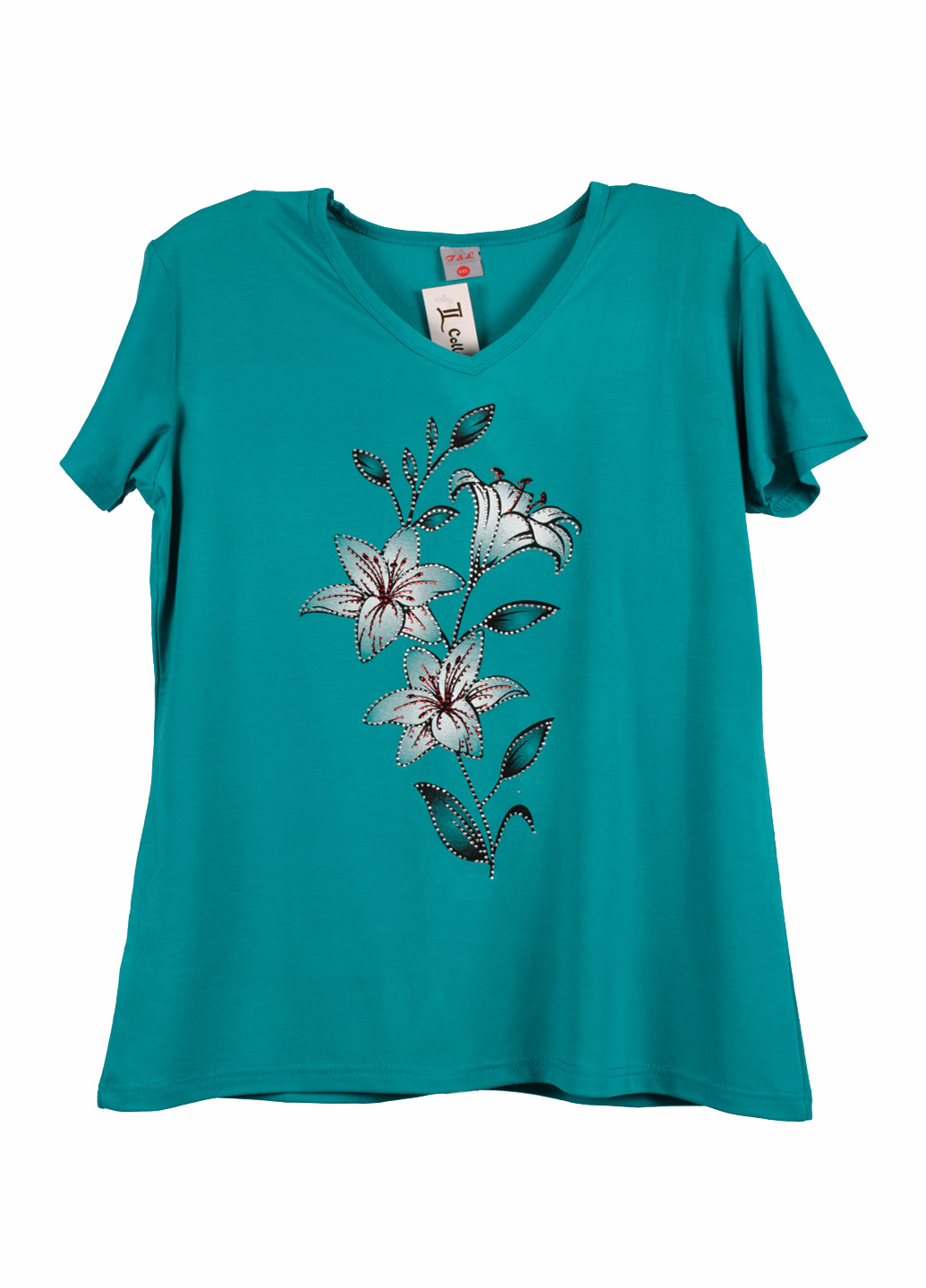 

Футболка летняя женская с разноцветными стразами Collection A57-3 3XL. Размер 52-54