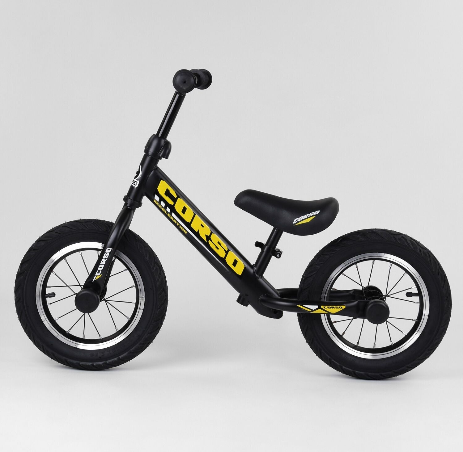 

Біговел дитячий велобіг Corso Acceleration 73975 сталева рама надувні колеса 12" Чорно-жовтий (123394)