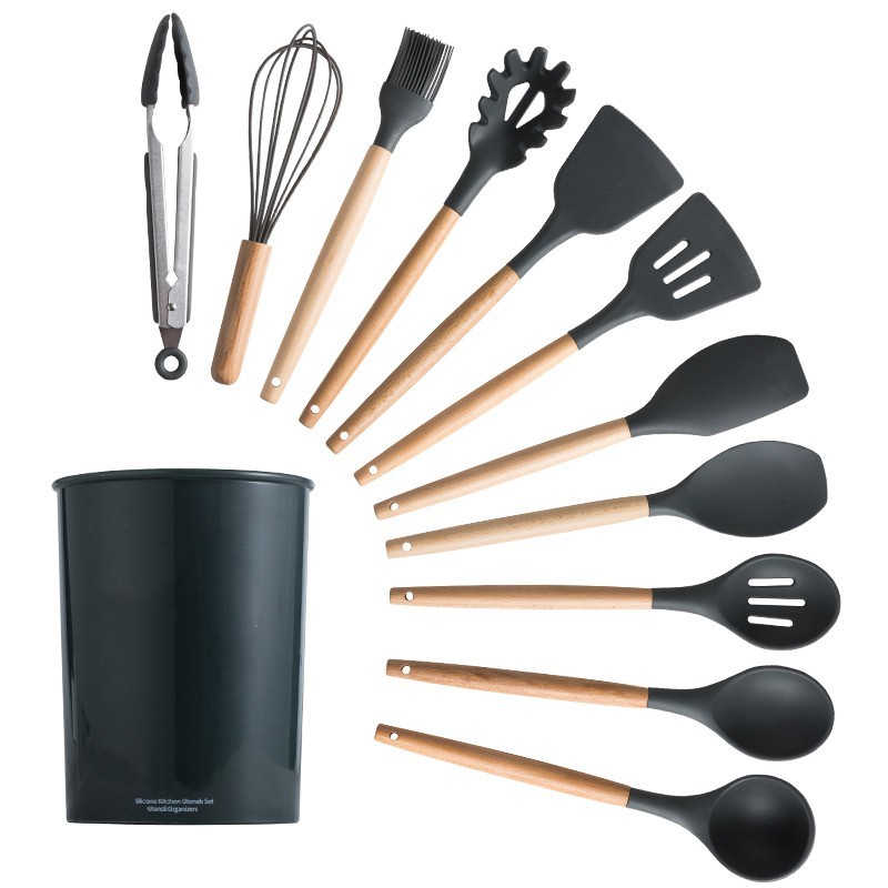 

Силиконовый кухонный набор принадлежностей Cooking Easy с ведерком для хранения 12 предметов (дерево+силикон) черный