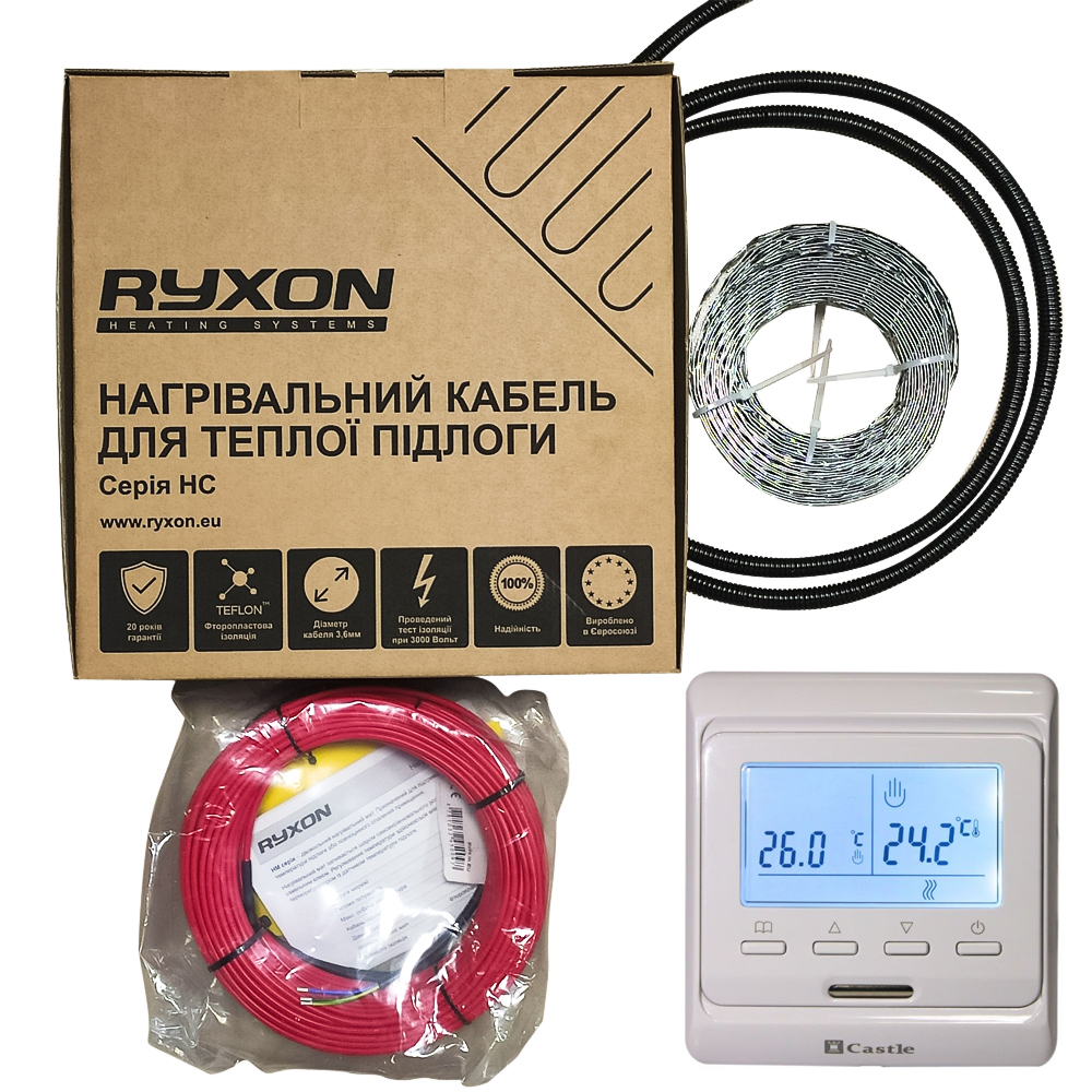 

Нагревательный кабель Ryxon HC-20-60 м + терморегулятор Castle (6,0-7,5 м2)