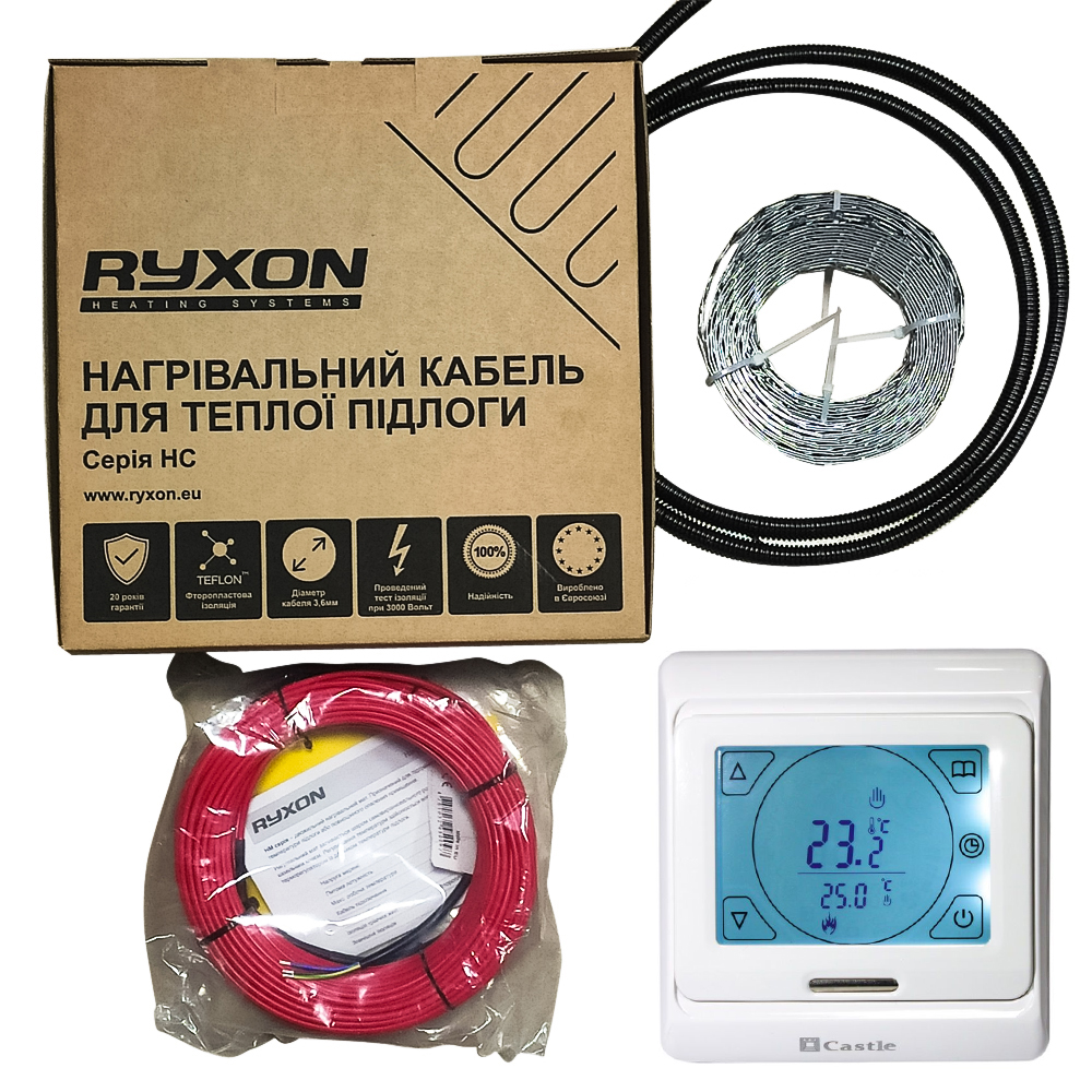 

Нагревательный кабель Ryxon HC-20-30 м + сенсорный терморегулятор Castle (3,0 -3,8м2)