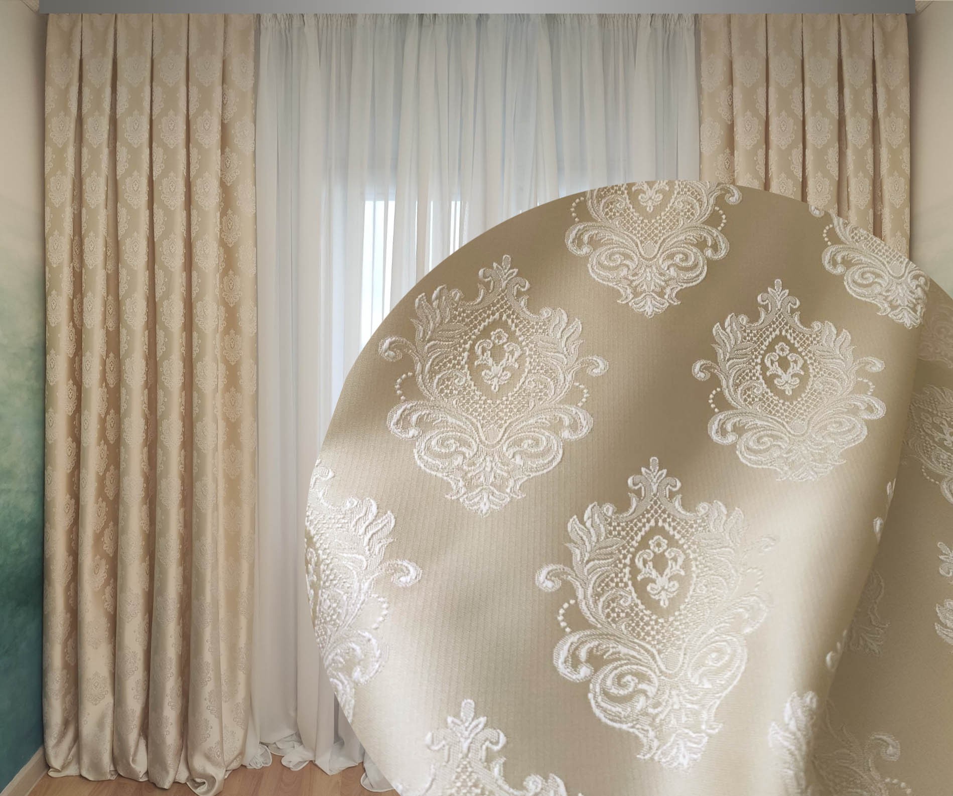 

Шторы Декорин Дамаск 175х270 см 2 шт Молочный рисунок на светло-золотистом фоне