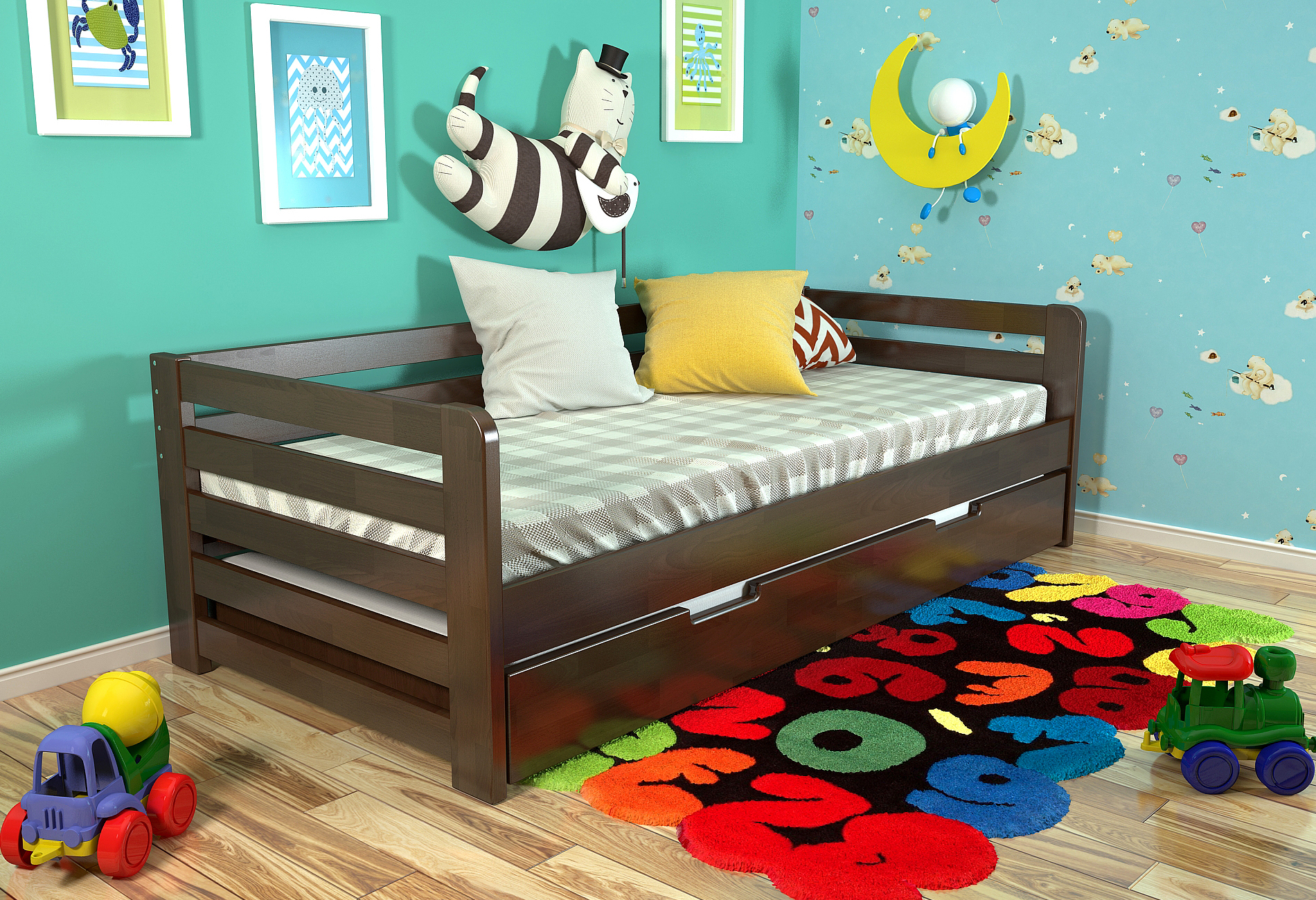 

Детская кровать с длинным ящиком Arbordrev Немо (90*190) бук Темный орех