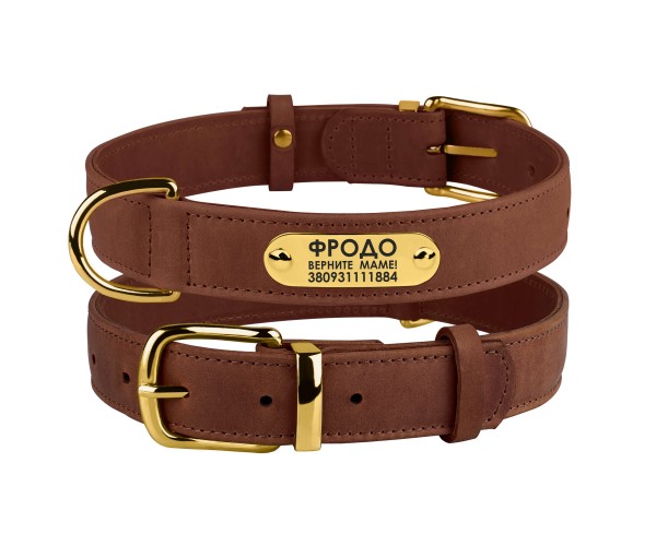

Ошейник для Собак Кожаный с Гравировкой BronzeDog Crazy Коньячный 30 мм 46-60 см (00464)