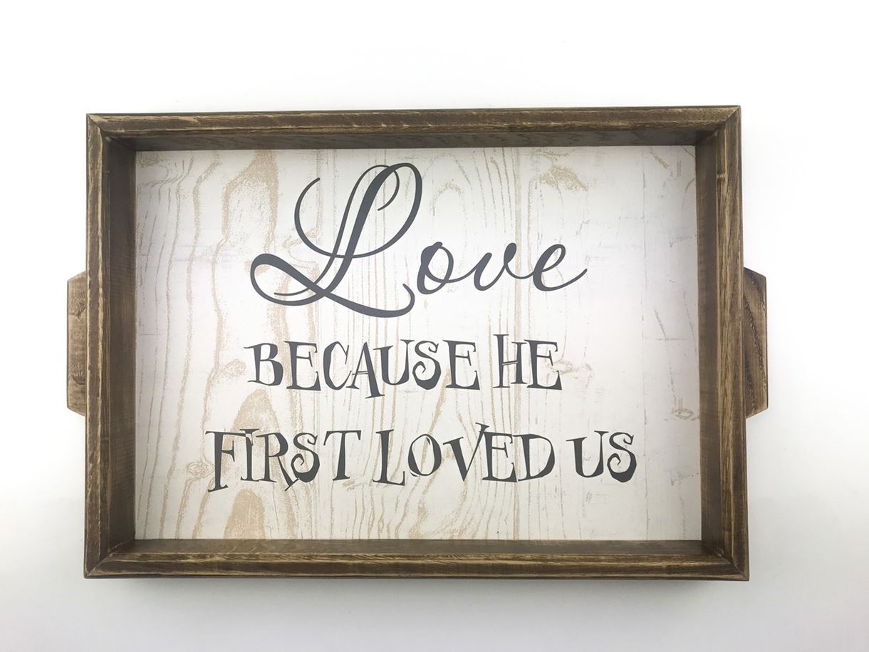 

Дерев'яний прямокутний піднос/таця з ручками 40 30 см "Love because he first loved us" Коричневий