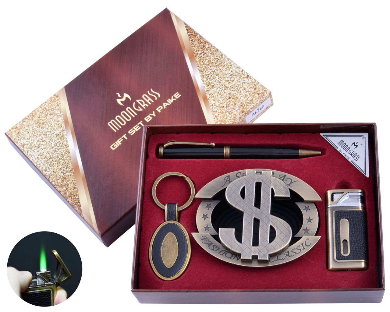 

Пепельница, Зажигалка, Брелок, Ручка 4в1 Подарочный Набор USD