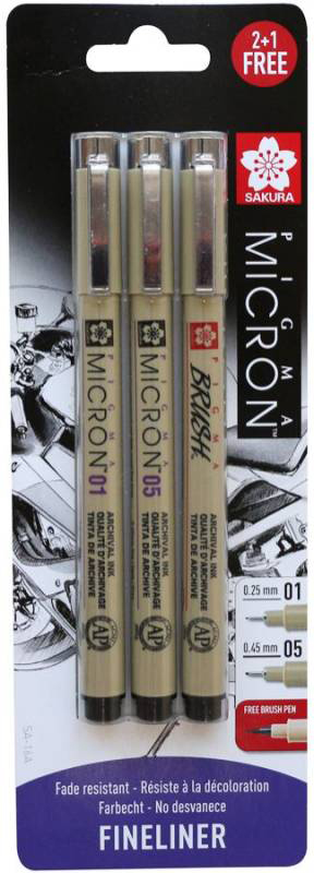 

Набор линеров Sakura Pigma Micron 2 шт 0.1/0.5 + 1 линер-кисть Pigma Brush в подарок Черный в блистере (8712079441685)