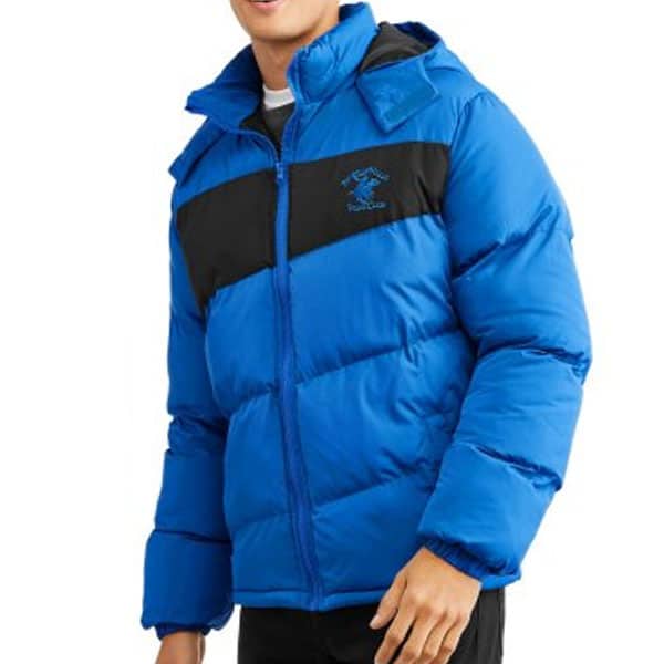

Мужская зимняя куртка Mens Hooded Color Block Puffer Coat with Embroidered Horseman Logo by BEVERLY HILLS POLO CLUB синий XL