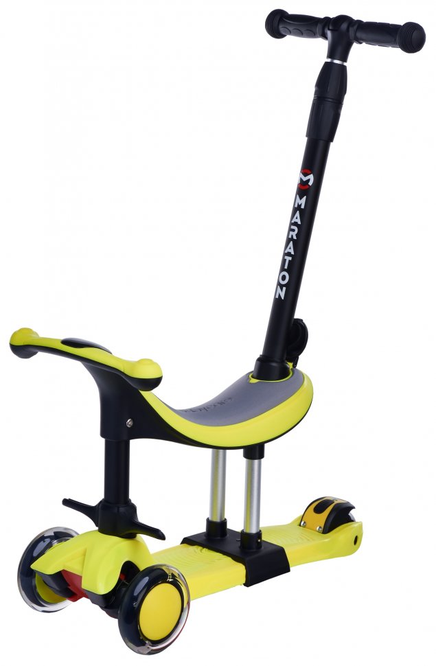 

Самокат Maraton Credo II B 5 in 1 / 2021(с сиденьем, родительской ручкой и светящимися колесами ) желтый ( 8953 )