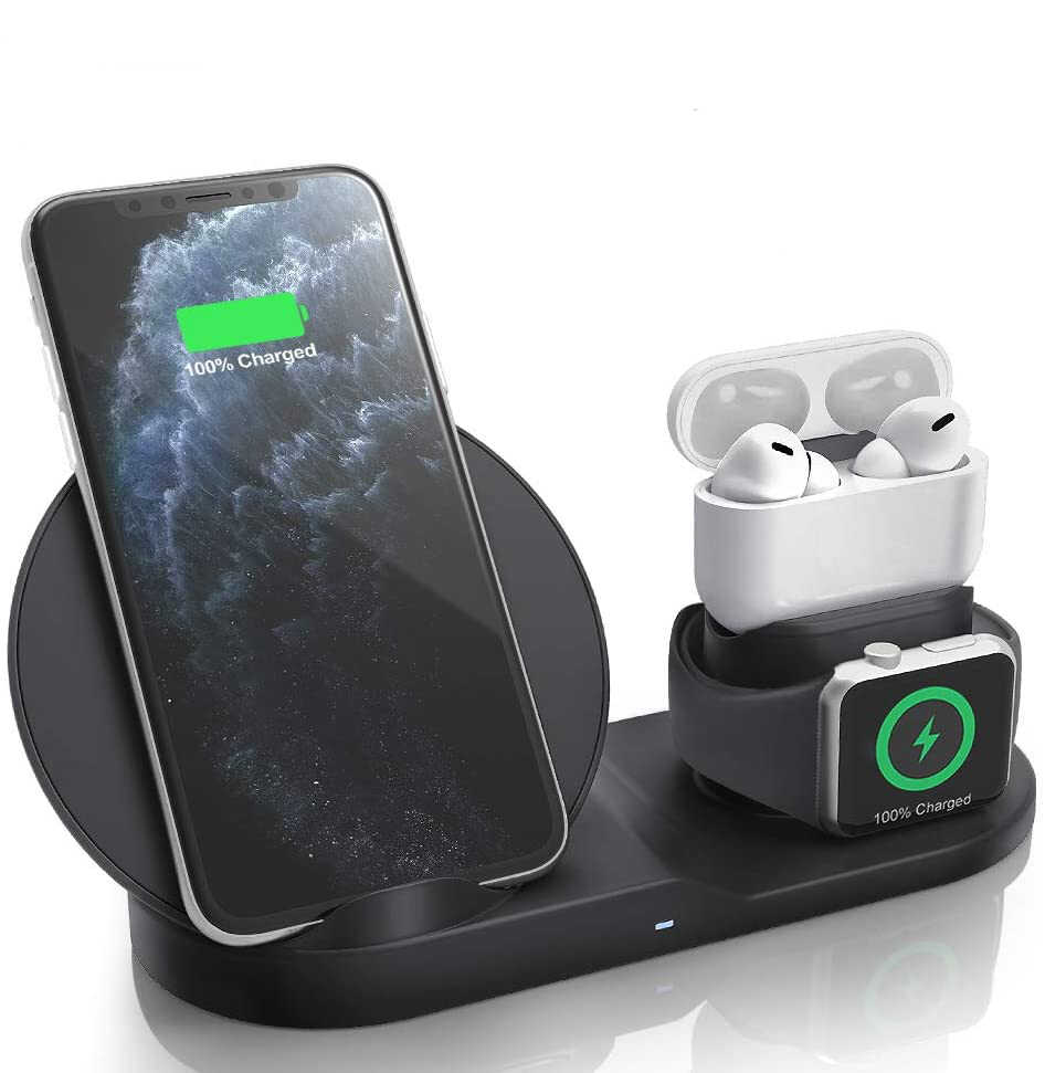 Беспроводная зарядка для телефона iPhone/наушников AirPods/часов Apple  Watch Fast Charge с адаптером Qualcomm Quick Charge 3.0 черная (BZ-19162)