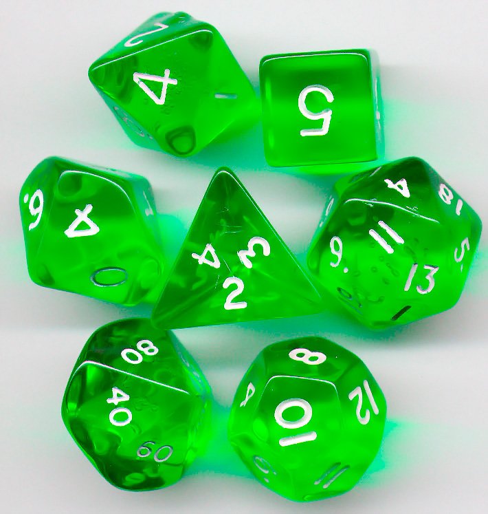 

Koplow games Набор кубиков Кристалл d00, d4, d6, d8, d10, d12, d20 (зелёный) (Dice Set Translucent Green)