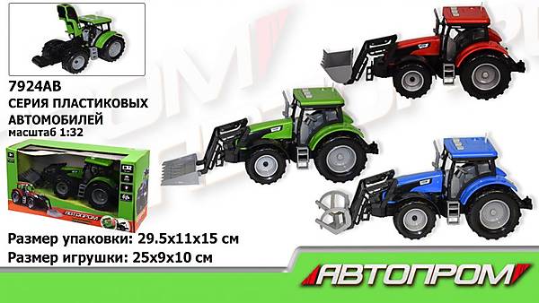 

Трактор инерция 1:32, 2 вида по 3 цвета, свет, звук Автопром (7924AB)