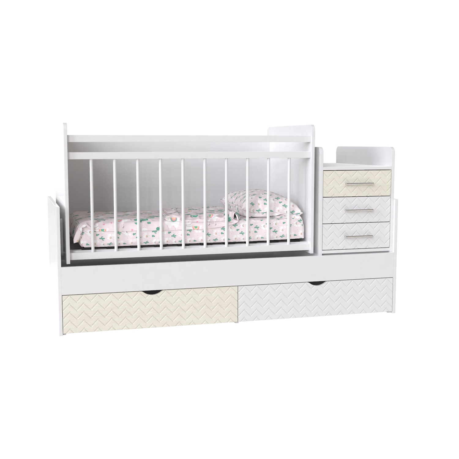 

Детская кровать трансформер из ЛДСП и МДФ Binky ДС039 (3 в 1) 1732х1050х732 аляска / дуб немо лате + белый суперматовый / решетка белая цвет Artinhead