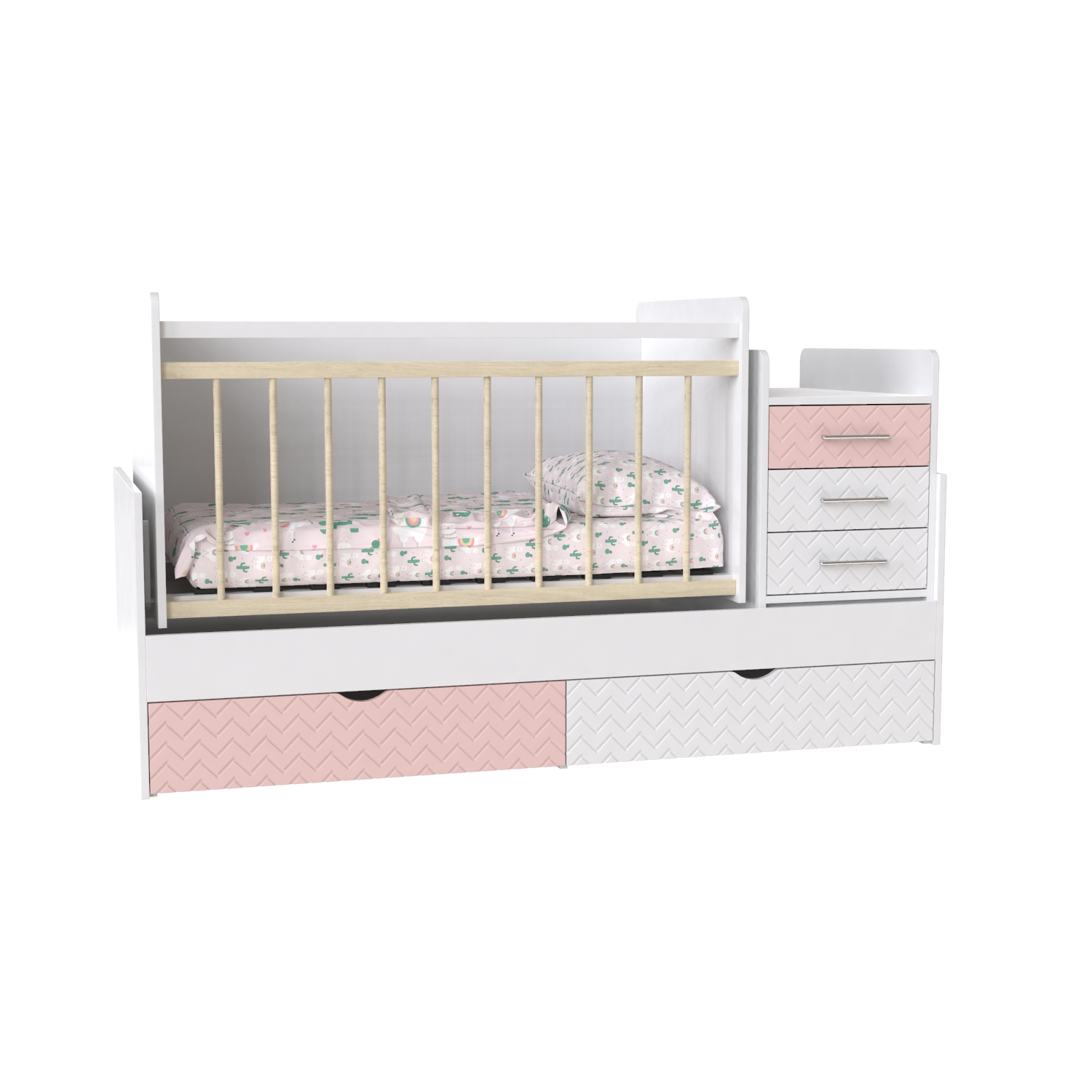 

Детская кровать трансформер из ЛДСП и МДФ Binky ДС039 (3 в 1) 1732х1050х732 аляска / розовый + белый суперматовый / решетка без покрытия цвет Artinhead