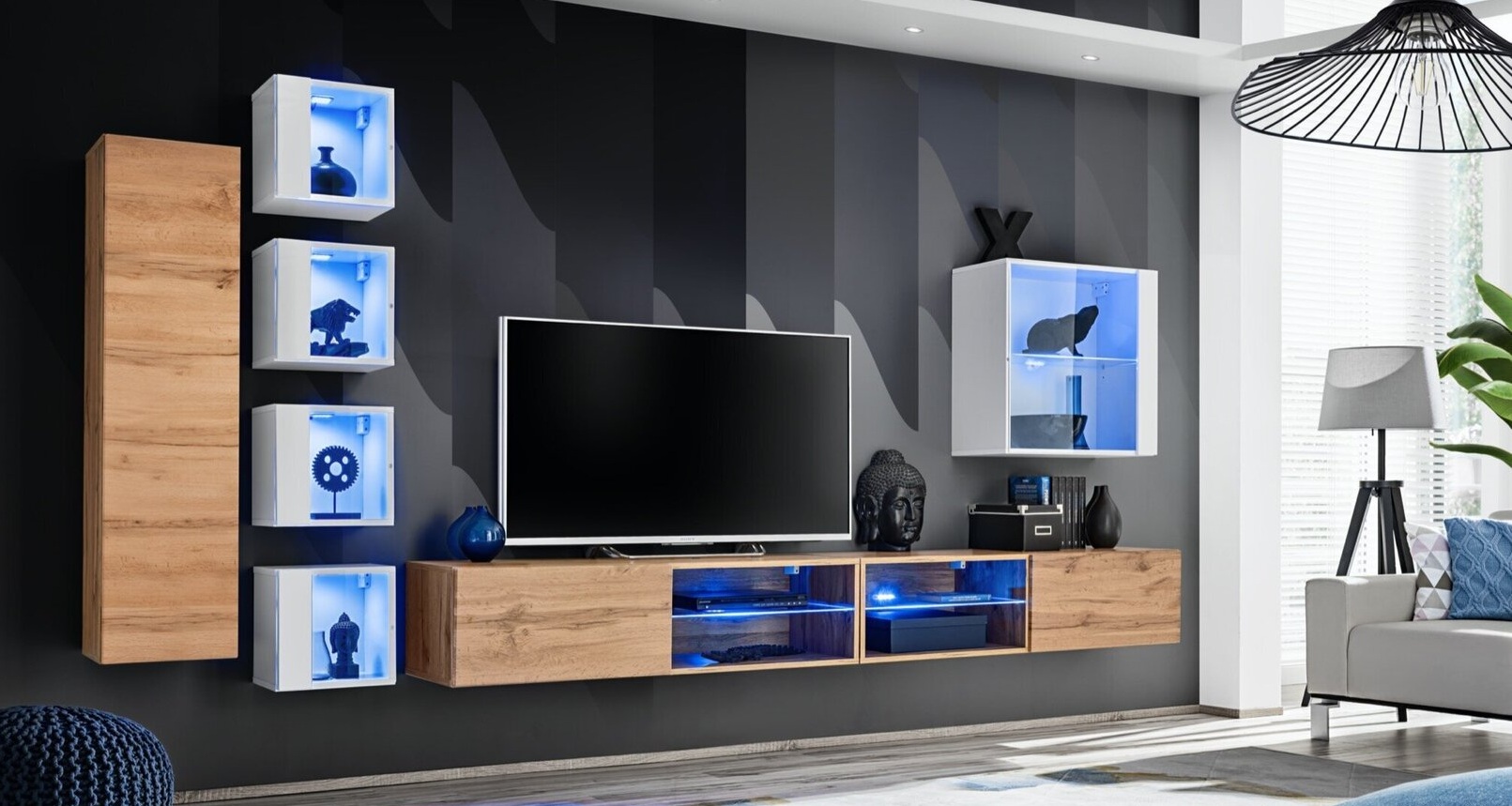 

Стенка в гостиную из ДСП и стекла Switch XXVI ASM Meble цвет Дуб Вотан/Белый