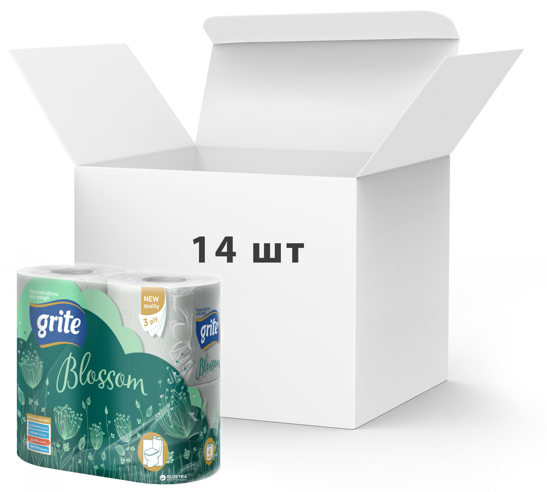Акція на Упаковка туалетной бумаги Grite Blossom 150 отрывов 3 слоя 4 рулона 14 шт (4770023348743) від Rozetka UA