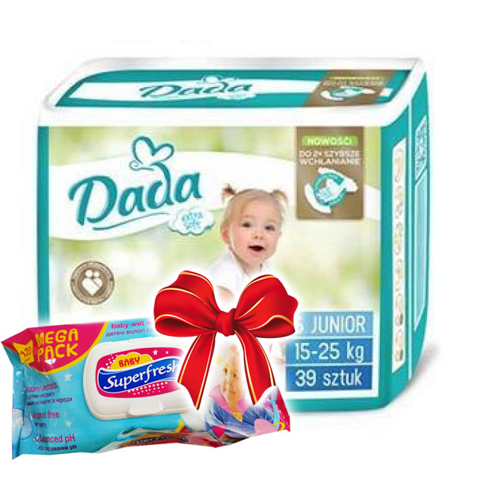 

Подгузники Dada Extra Soft 5 Junior (15-25 кг), 39 шт + cалфетки Superfresh 120 шт СО СКИДКОЙ