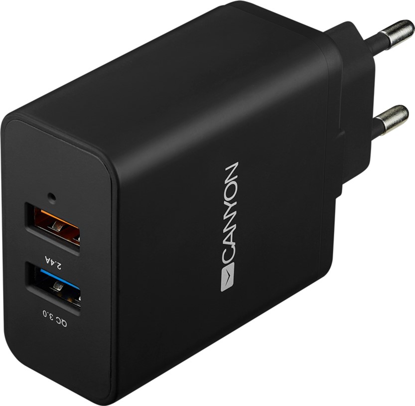 

Сетевое зарядное устройство Canyon 2USB 2.4A QC3.0 Black (CNE-CHA07B)