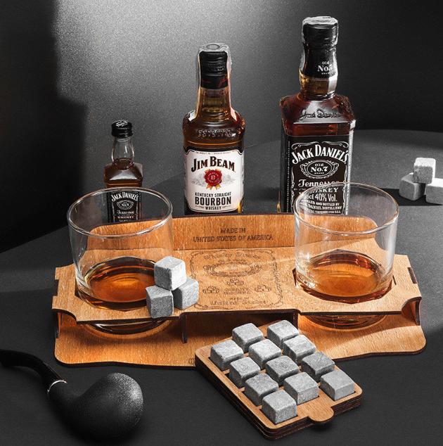 

Камни для виски whiskey stones Plus Wood and Glass 12шт из стеатита + мешочек + 2 стакана