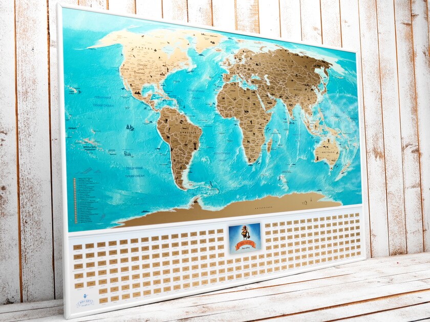

Cкретч карта мира с флагами MyMap Flags edition на украинском языке в золотой раме Metal Gold