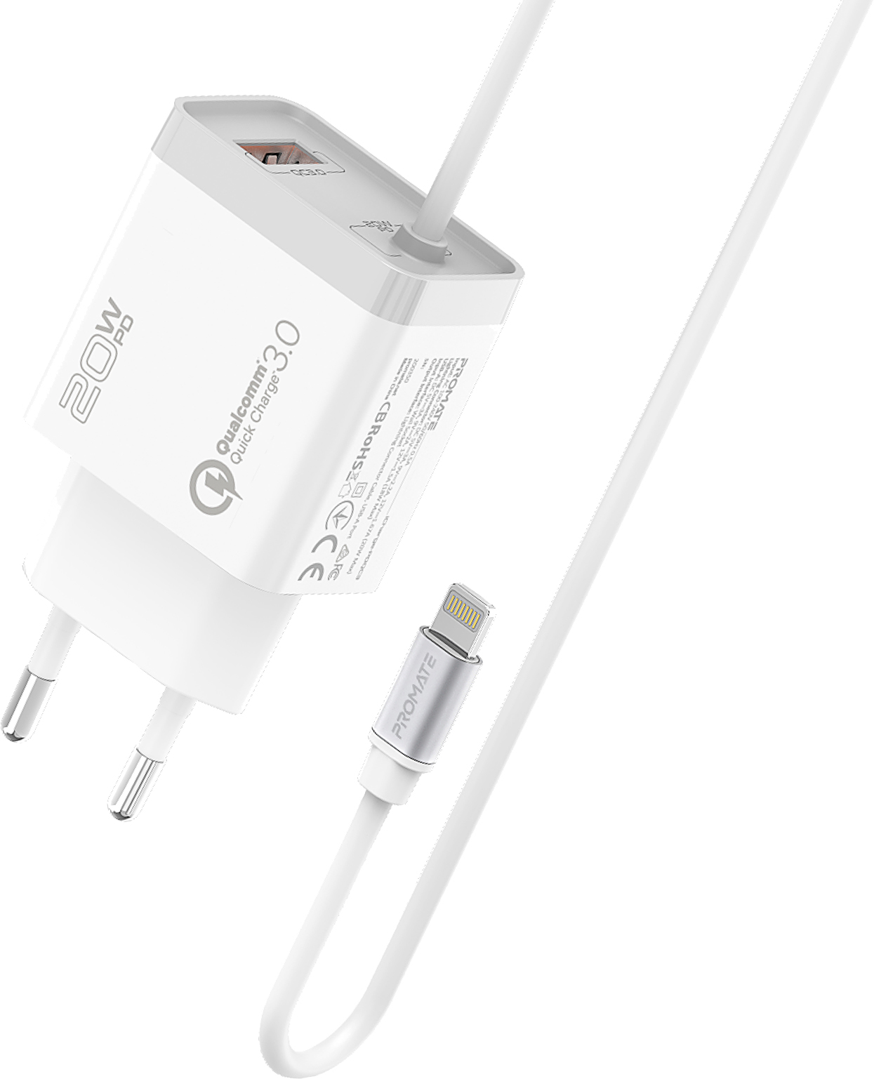 

Сетевое зарядное устройство Promate iCharge-PDQC3 20Вт PD Lightning connector+USB QC3.0 White (icharge-pdqc3.white)