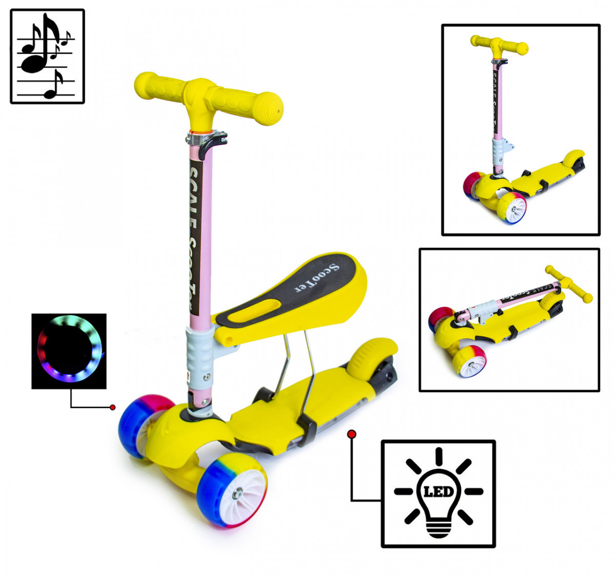 

Самока Scooter 3in1.Yellow. Складная ручка. Cо светом и музыкой. Смарт-колеса.