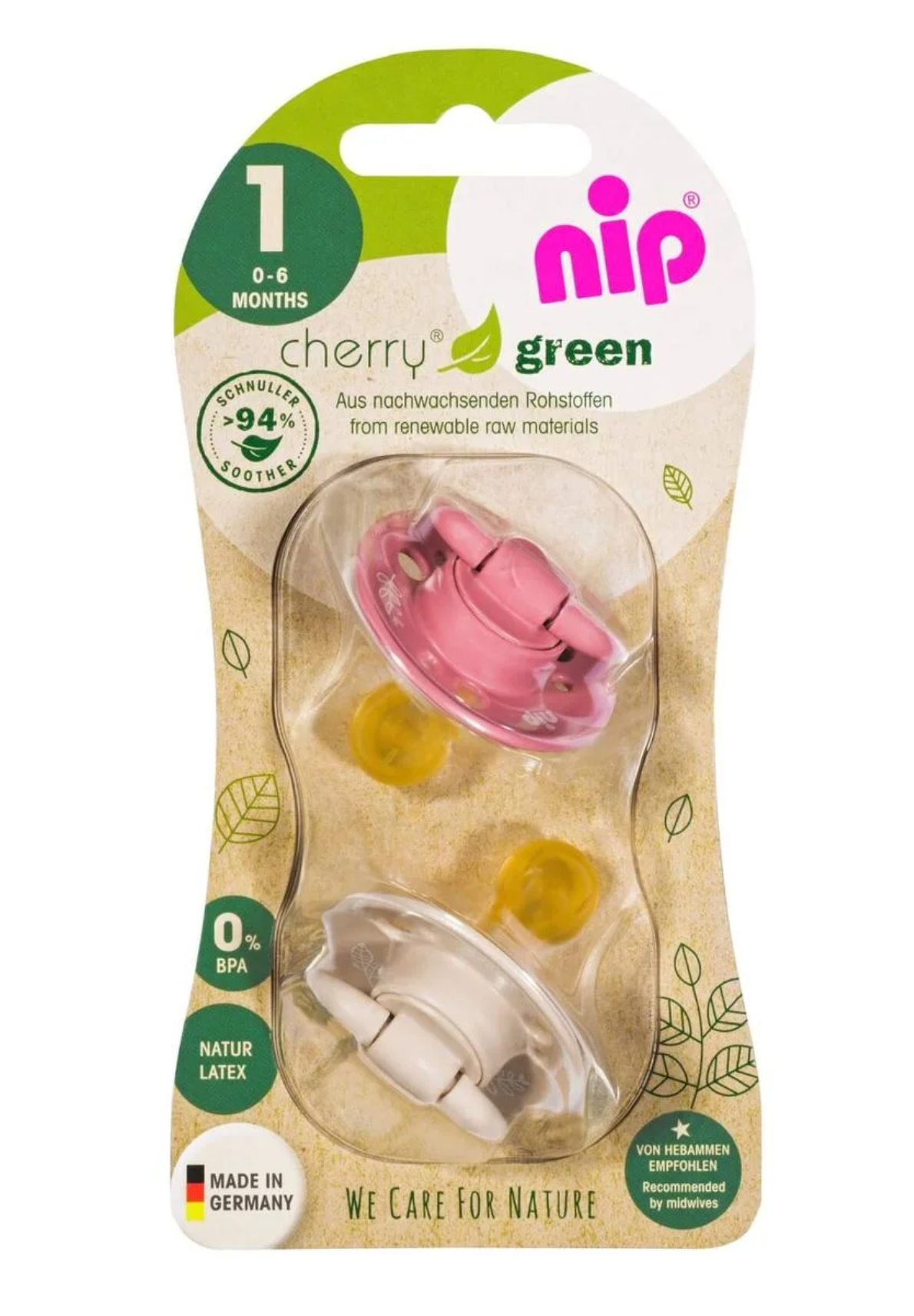 

Пустышка Nip Вишенка GREEN, 0-6 мес., латекс, для девочки, 2 шт. (Серо-Розовые)