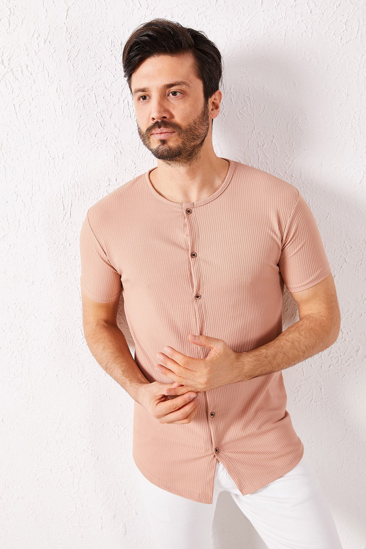 

Чоловіча футболка в рубчик на гудзиках Zafoni 7146 XL Визон
