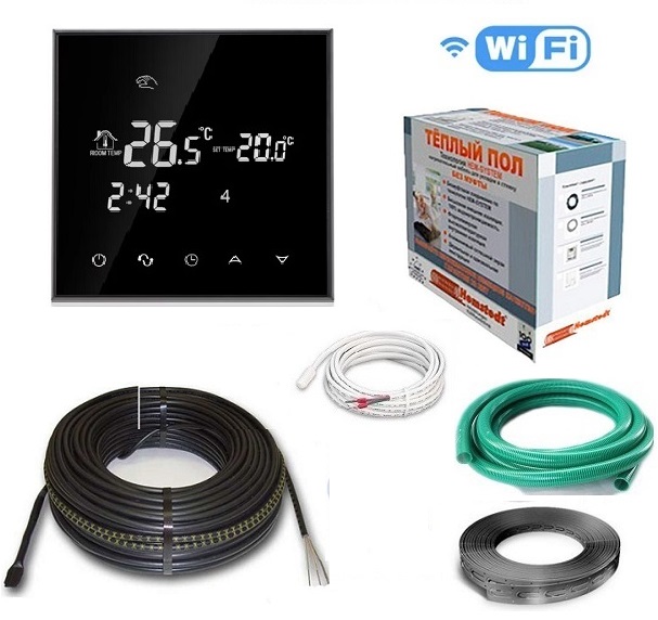 

Теплый пол нагревательный двухжильный кабель Hemstedt 13.75 метра погонных 220Вт с терморегулятором WI-FI Black в комплекте