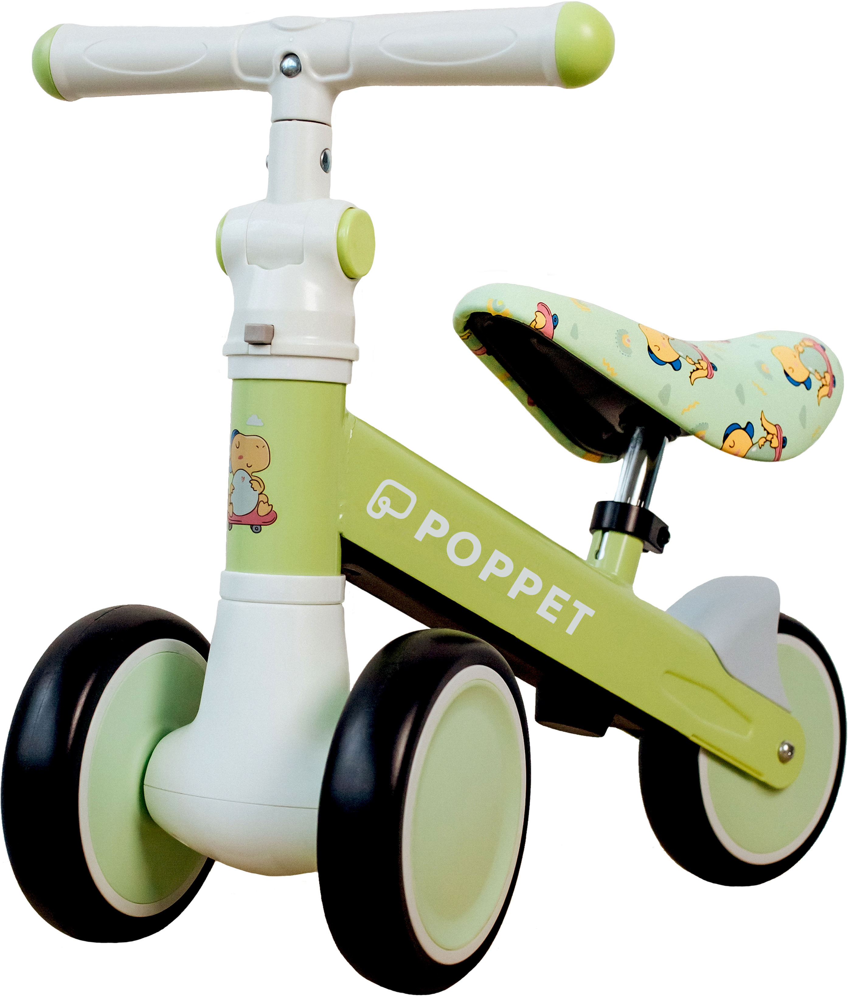 

Детский трехколесный беговел-каталка с бесшумными колесами POPPET Динозавр Спайки Скейтс Светло-оливковый (PP-1606G)