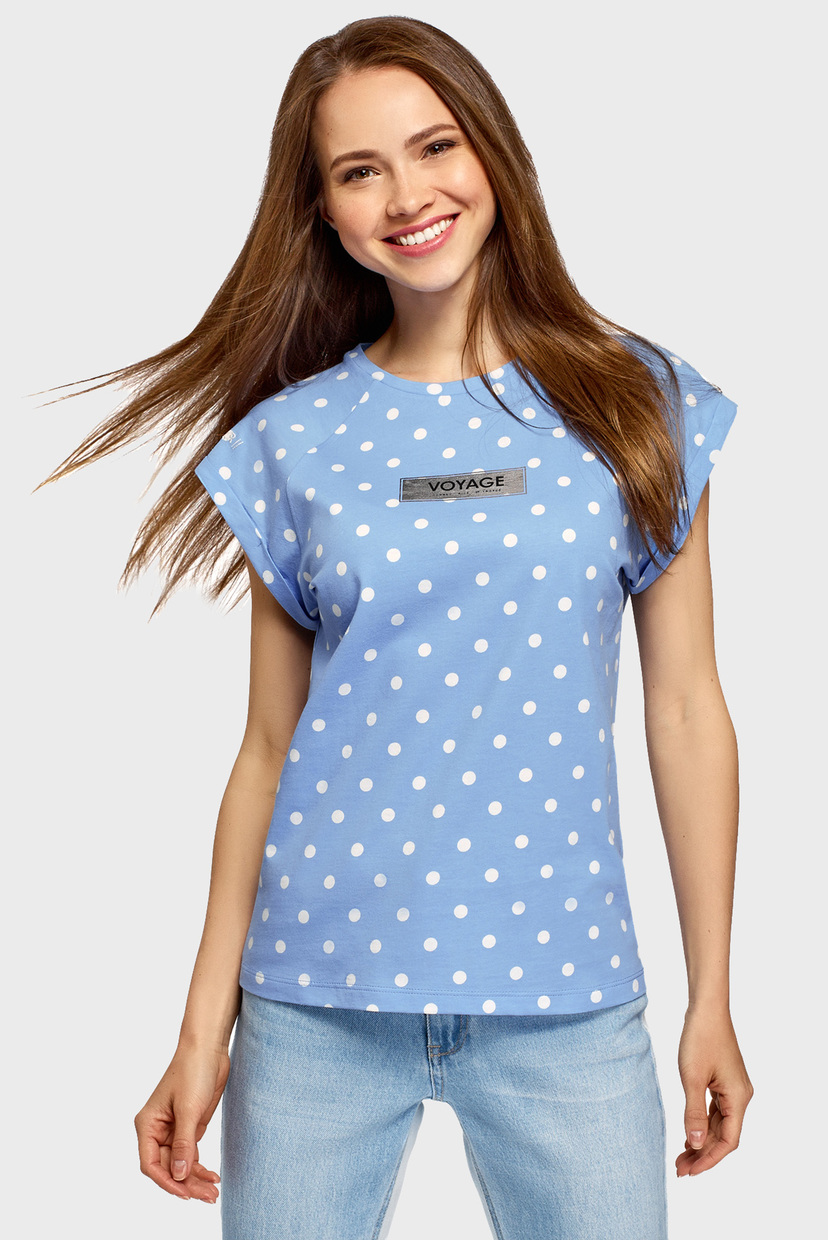 

Женская голубая футболка в горошек Oodji XXL 14707001-98/46154/7012P