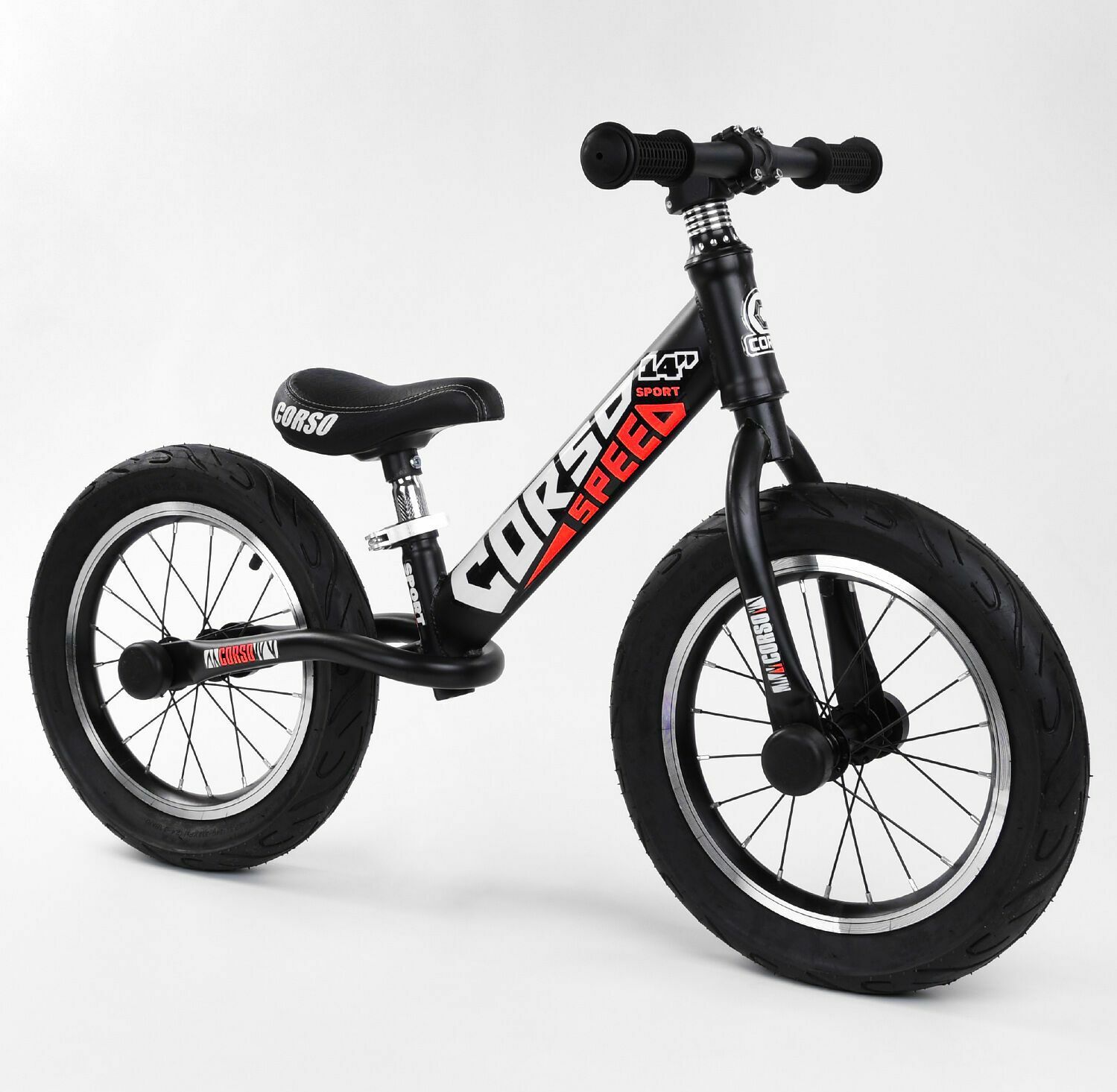 

Велобег с резиновыми надувными колесами и регулировкой сидушки , красный (79077)