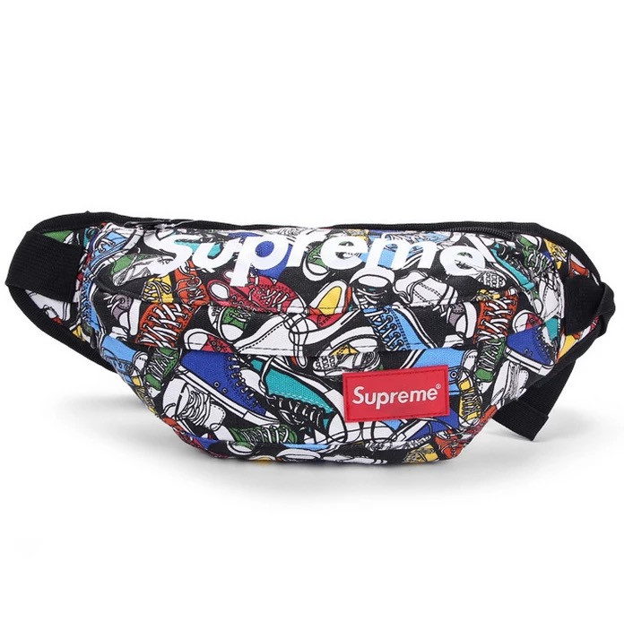 

Женская сумка на пояс (бананка) Supreme разноцветная с кедами