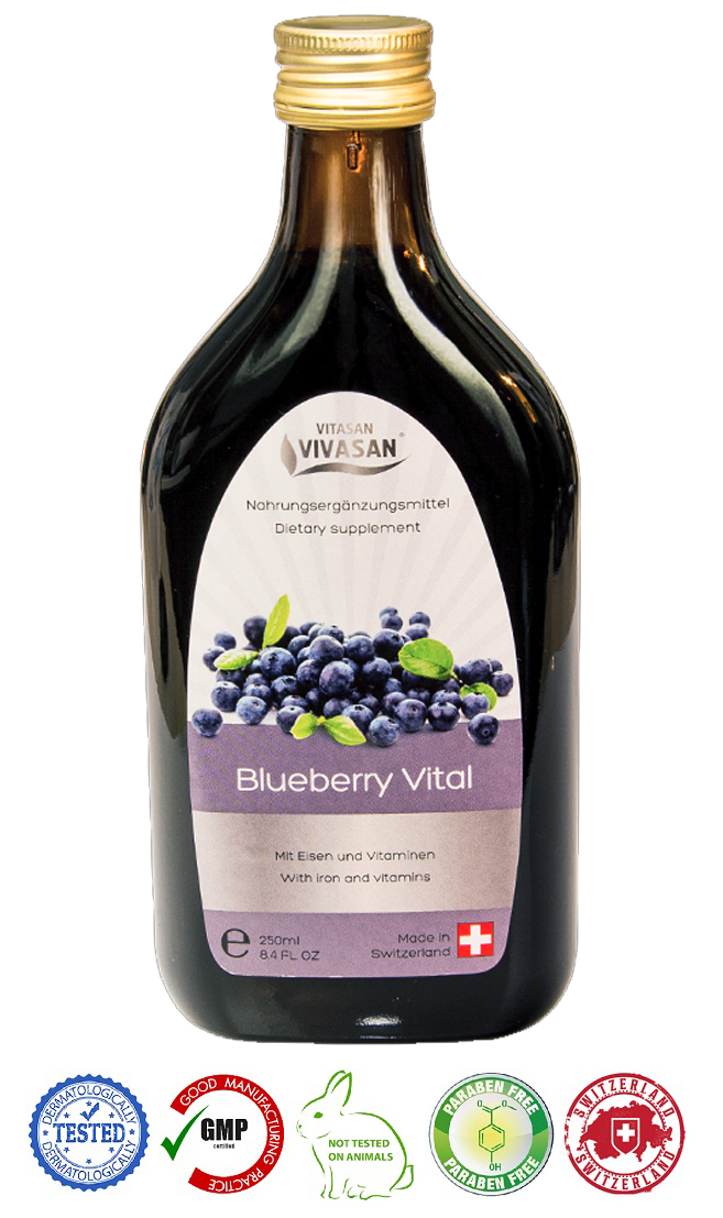 

Натуральный швейцарский антиоксидантный Напиток Черника витал/Blueberry Vital VIVASAN Original 250 мл GMP Sertified Для зрения Not tested on animals