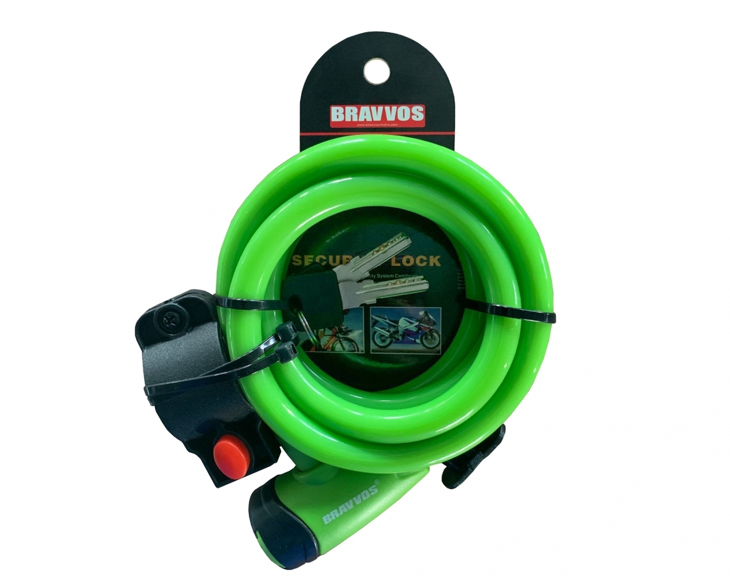 

Велосипедный замок BRAVVOS LOC-065-110 на ключе со стальным тросом 12mmX1500mm салатовый LCK-032