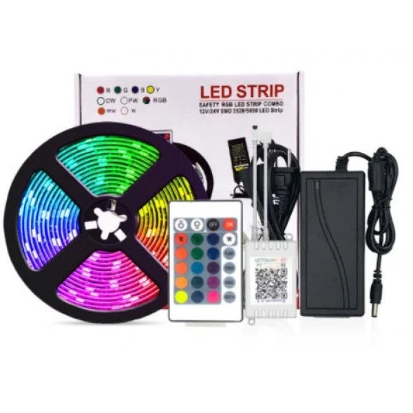 

Cветодиодная лента для подсветки LED SMD 3528 5m RGB (Цветная) в катушке, с контроллером, пультом и блоком питания водонепроницаемая