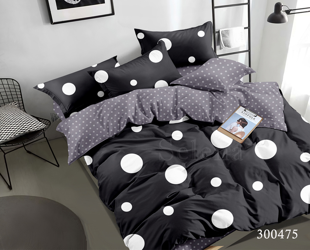 

Комплект постельного белья с простыней на резинке Selena Сатин Горошек Black двуспальный 300475