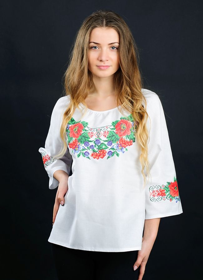 

Вышиванка Vyshyvanka "Маки, незабудки, калина"  Белая 0089р.3/4, Вышиванка Vyshyvanka "Маки, незабудки, калина" 48 Белая 0089р.3/4