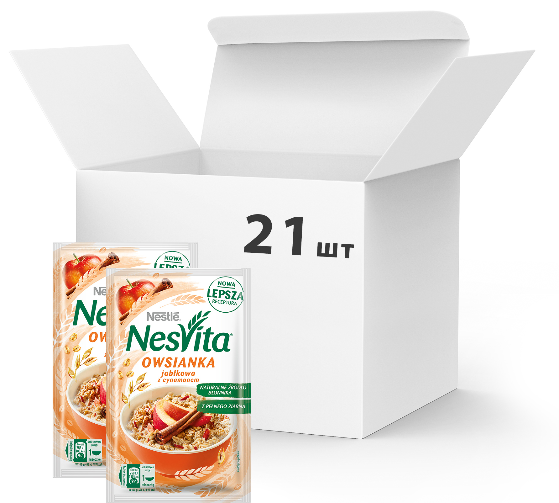 Упаковка каши овсяной Nestle NesVita сладкая с молоком и кусочками яблока 21 шт х 45 г (7613036970273)