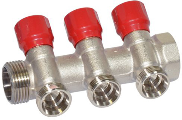 

Коллектор угловой CARLO POLETTI 1" x 3/4" EK 3 выхода (красные ручки) никель (C323N12QR)