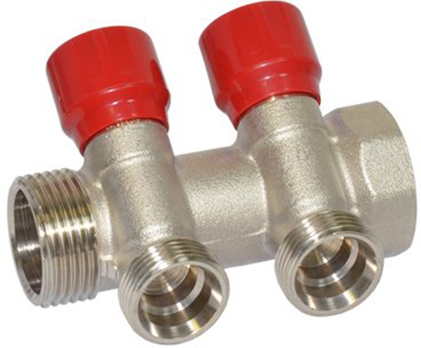 

Коллектор угловой CARLO POLETTI 1" x 3/4" EK 2 выхода (красные ручки) никель (C322N12QR)