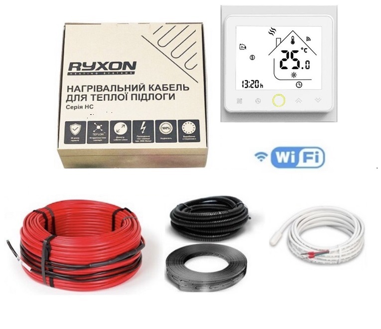 

Двухжильный тонкий кабель Ryxon HC-20-70 м 1400Вт 7.0 - 8.8 м² в комплекте с терморегулятором WI-FI