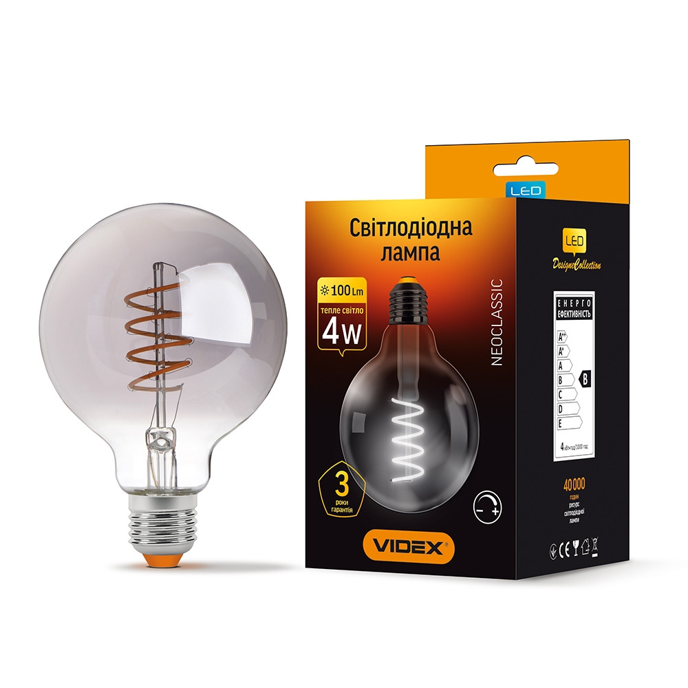 

LED лампа VIDEX Filament G95FGD 4W E27 2100K Диммерная графит