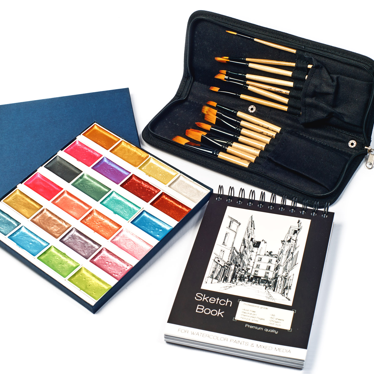 

Акция! Набор акварельных красок с перламутровым эффектом+набор кистей 14 шт.+Скетчбук для рисования