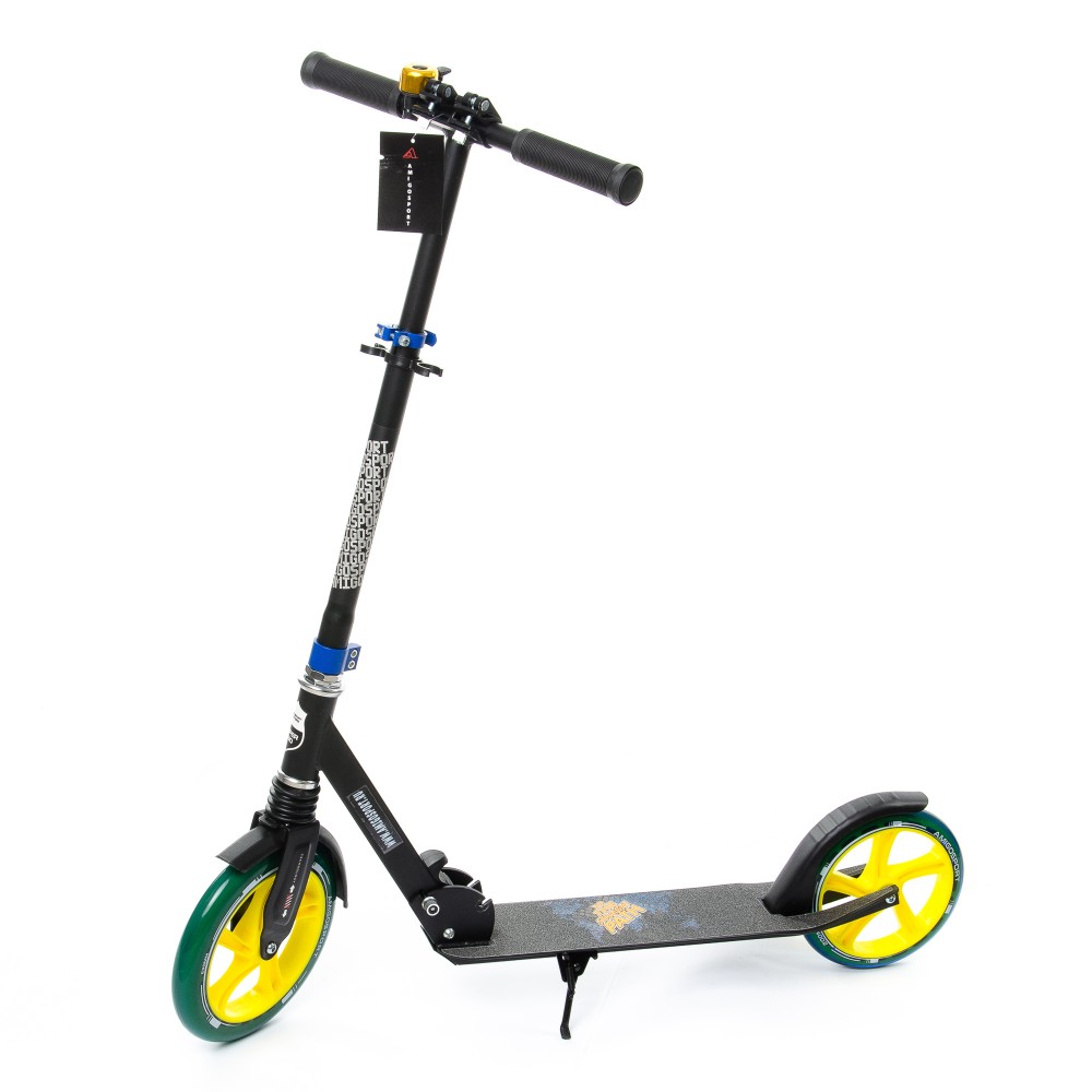 

Самокат двухколесный Amigo Explore PRIME SUPER NEW Scooter черный синий , амортизатор, звонок