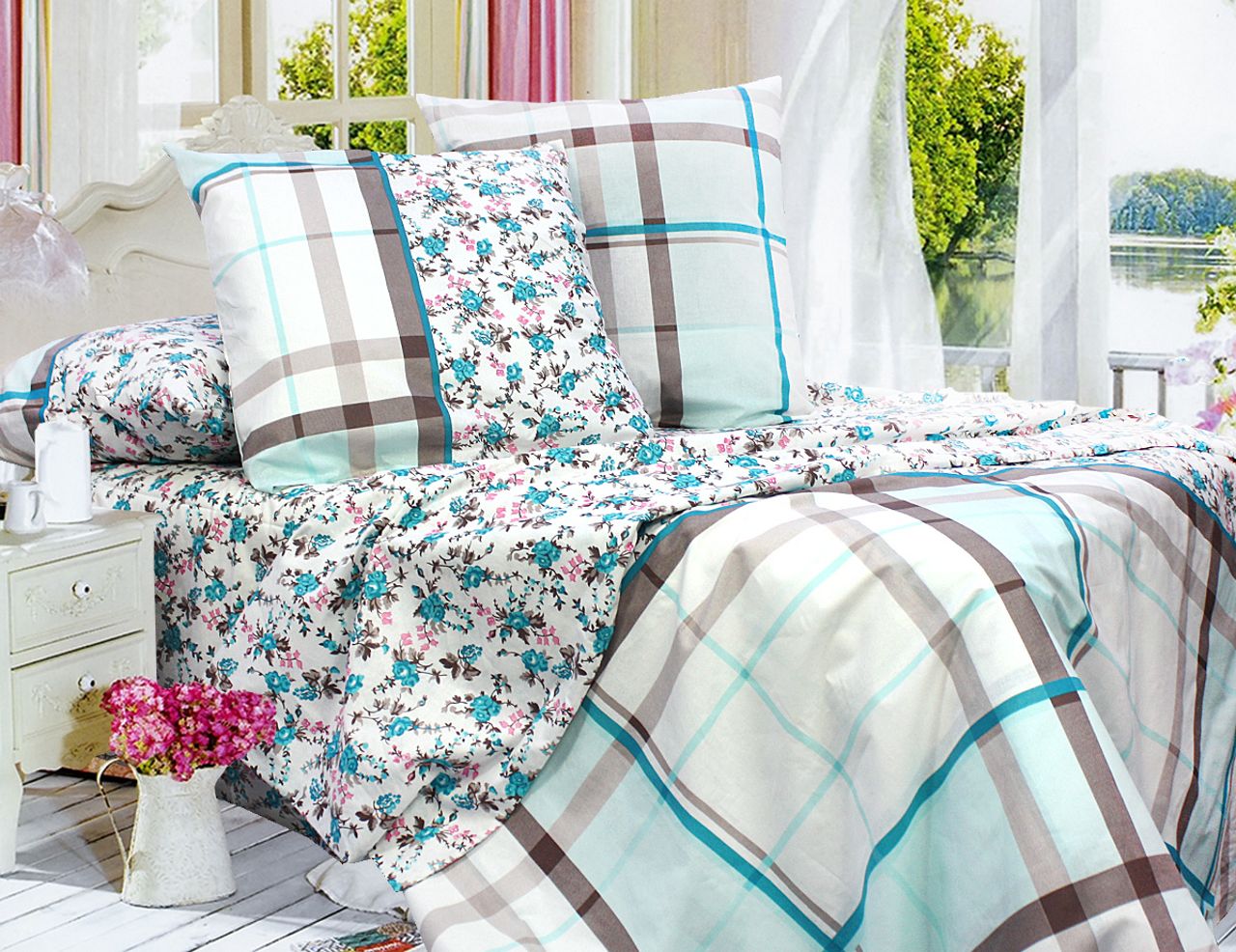 

Семейный постельный комплект Т0703 Еней-Плюс, цвет: бирюзовый, белый, коричневый